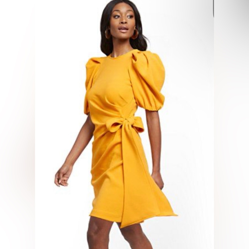 New York & Company Mustard Puff Sleeve Midi Dress